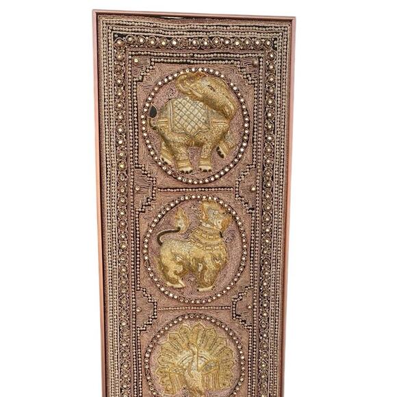 Vtg Burmese Thai Kalaga Tapestry Wall Art Elephant Peacock Lion Beaded 54” Large - Picture 10 of 16